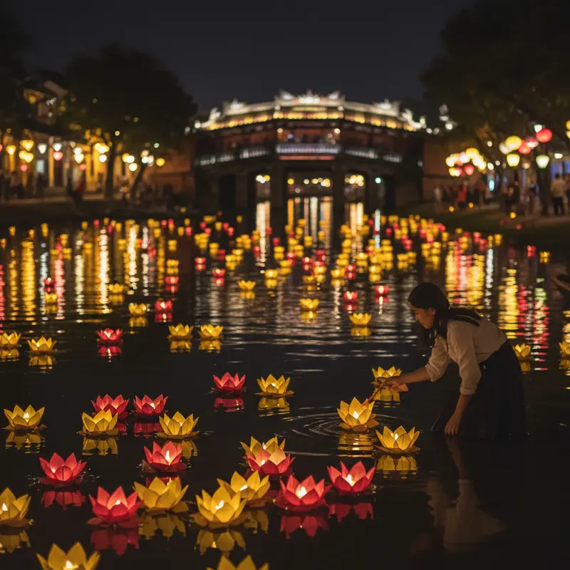Du khách thả đèn hoa đăng trên sông Hoài Hội An vào ban đêm, ánh đèn lồng vàng đỏ phản chiếu trên mặt nước, Chùa Cầu Hội An mờ ảo trong nền phía sau