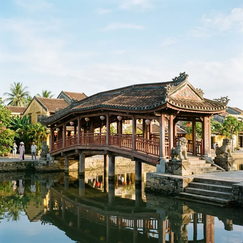Chùa Cầu Hội An sau trùng tu 2024 với màu sơn đỏ son rực rỡ dưới ánh nắng buổi sáng trong lành