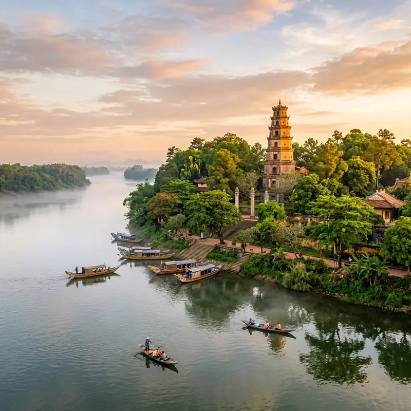 Toàn cảnh tháp Phước Duyên 7 tầng chùa Thiên Mụ nhìn từ sông Hương vào buổi sáng sớm có sương mù, ánh nắng vàng chiếu nghiêng, cây cối xanh mướt xung quanh