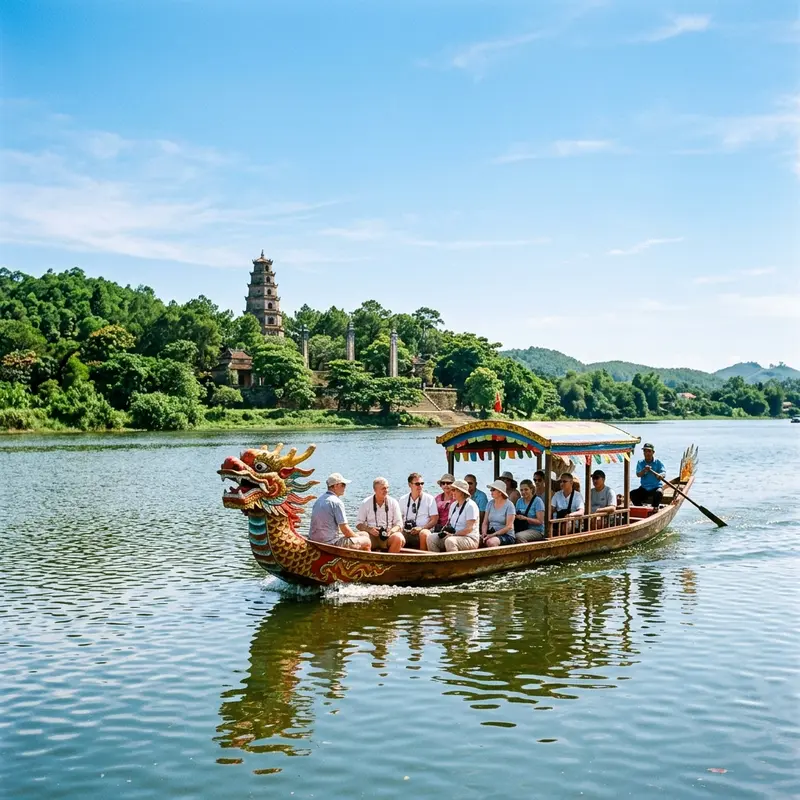 Du khách ngồi trên thuyền rồng truyền thống xuôi dòng sông Hương hướng về chùa Thiên Mụ, tháp Phước Duyên hiện ra xa xa trên đồi xanh, bầu trời xanh trong, mặt nước phản chiếu ánh sáng