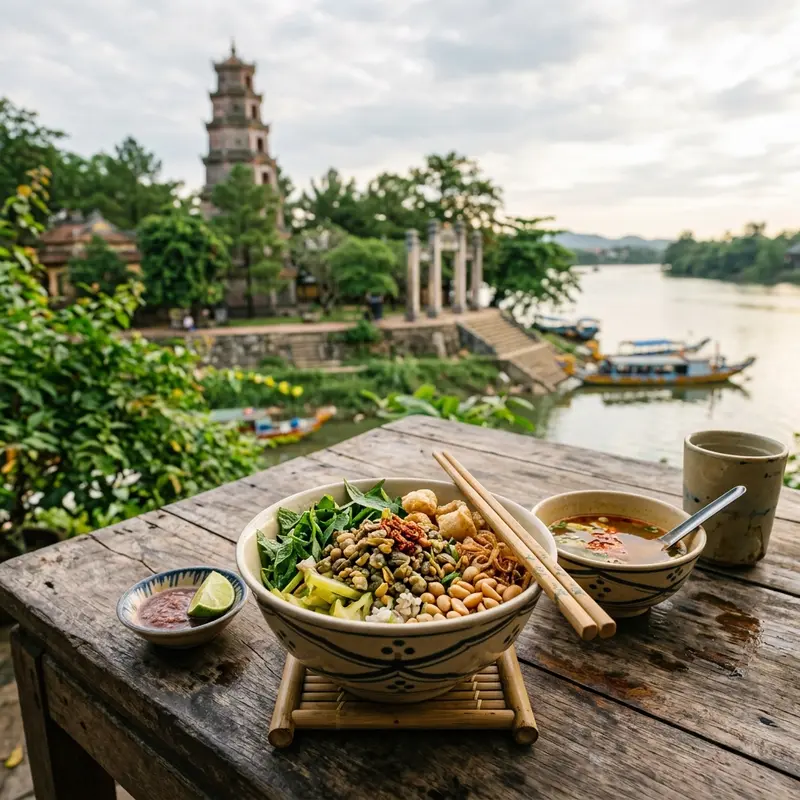 Bát cơm hến Huế đặc trưng với rau sống, hến trộn, bánh tráng nướng và các loại gia vị đặc trưng xứ Huế, được bày trên bàn gỗ cổ điển gần khu vực chùa Thiên Mụ