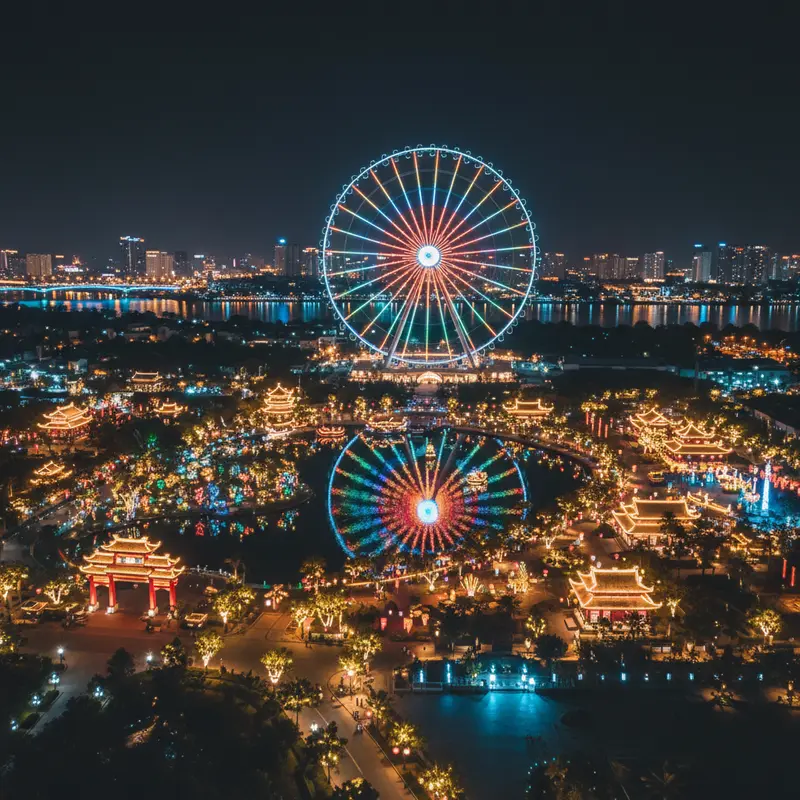 Toàn cảnh Công viên Châu Á Asia Park Đà Nẵng về đêm với Sun Wheel sáng rực và các khu vực văn hóa châu Á lung linh ánh đèn, nhìn từ trên cao