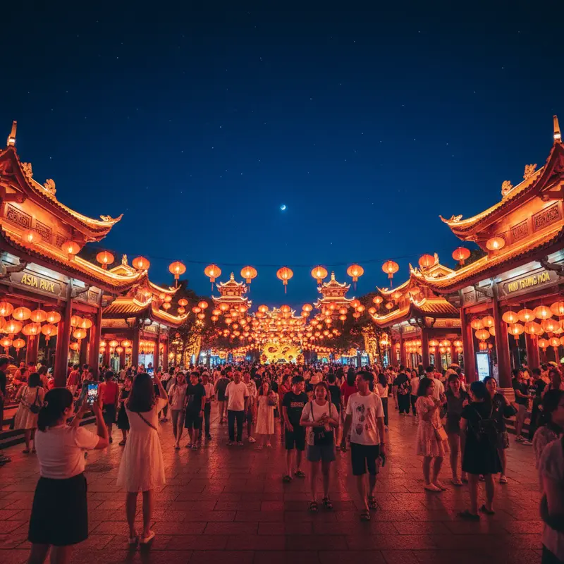 Khu vực Trung Hoa trong Asia Park Đà Nẵng về đêm với đèn lồng đỏ rực, kiến trúc mái cong truyền thống và du khách đang dạo chơi chụp ảnh