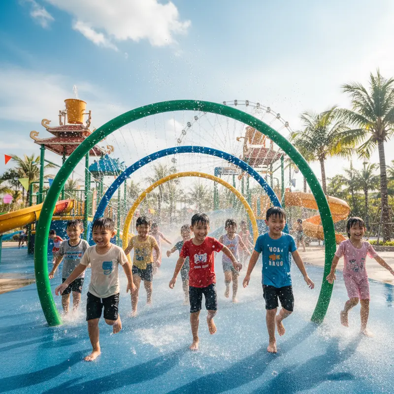 Trẻ em vui chơi tại khu vui chơi nước ngoài trời của Asia Park Đà Nẵng, các bé cười đùa hạnh phúc dưới vòi nước phun trong ngày hè