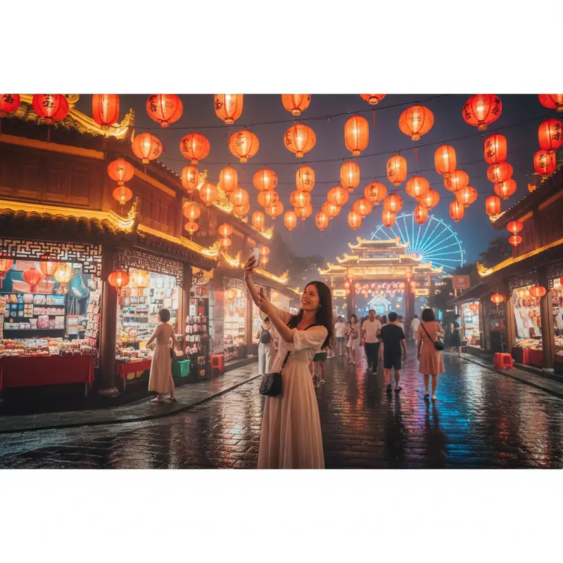 Du khách chụp ảnh check-in tại góc phố đèn lồng đỏ khu Trung Hoa trong Asia Park Đà Nẵng, không gian lung linh ánh đèn về đêm