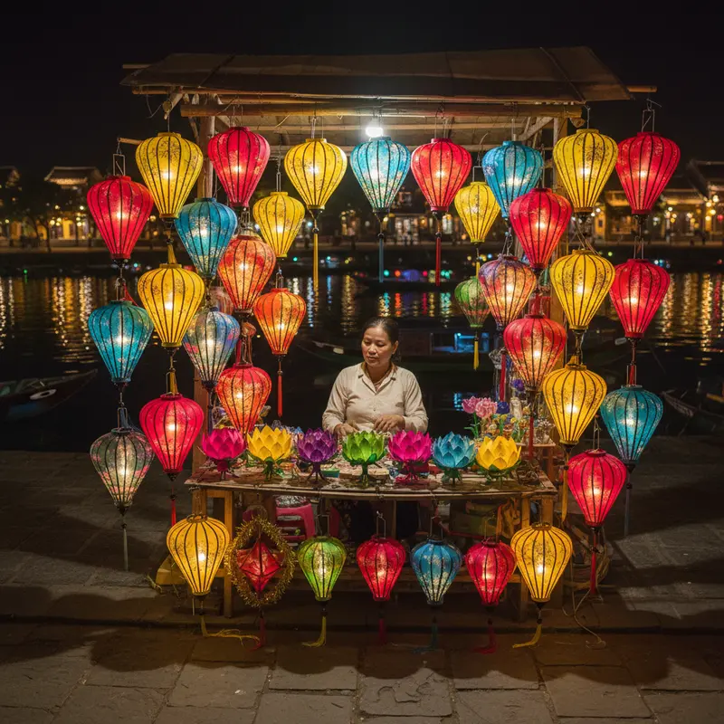 Người phụ nữ địa phương bán hoa đăng giấy nhiều màu sắc trên bờ sông Hoài Hội An, ánh đèn lồng vàng cam chiếu sáng gian hàng nhỏ buổi tối