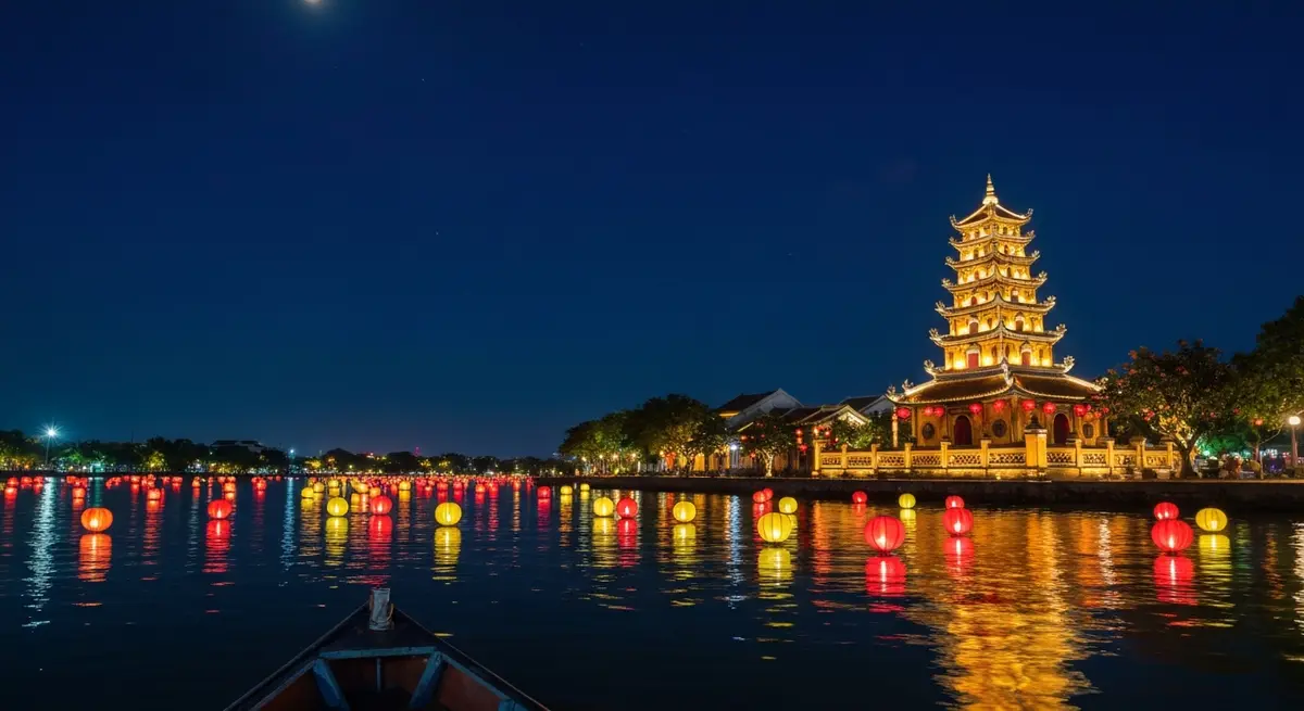 View từ thuyền nhìn về Chùa Cầu Lai Viễn Kiều Hội An về đêm, đèn lồng đỏ vàng rực sáng, hoa đăng trôi trên mặt sông Hoài lung linh