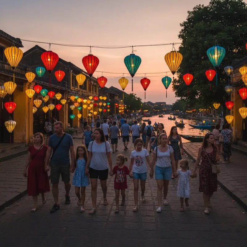 Khung cảnh phố cổ Hội An lúc hoàng hôn, đèn lồng đủ màu sắc bắt đầu sáng lên, du khách dạo bộ trên đường Trần Phú rực rỡ sắc màu