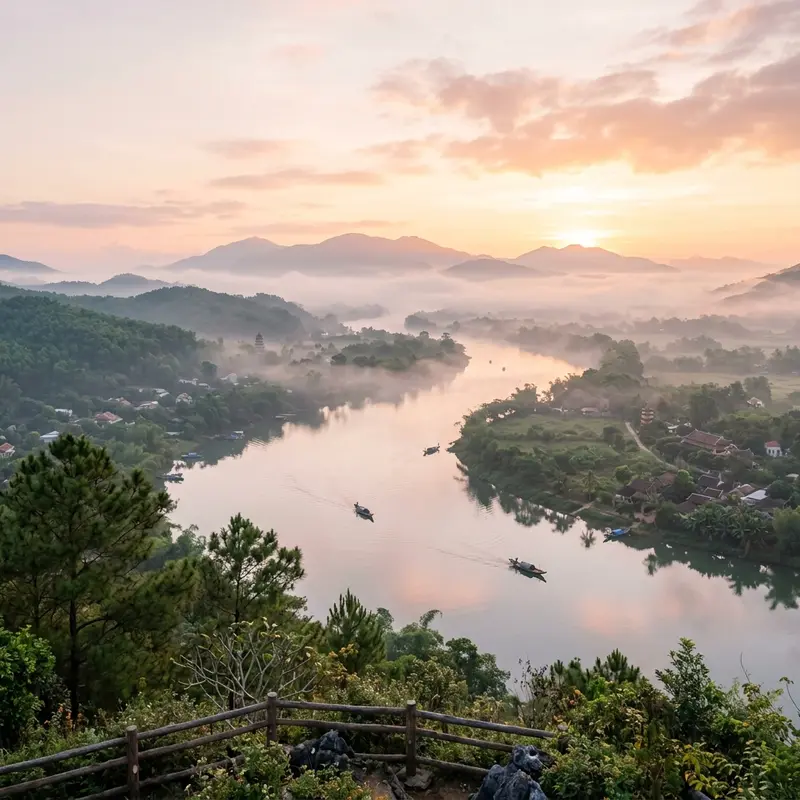 Sông Hương buổi sáng sớm nhìn từ Đồi Vọng Cảnh, sương mù bảng lảng trên mặt nước, ánh bình minh hồng nhạt, không khí tĩnh mịch và thơ mộng của Huế lúc bình minh