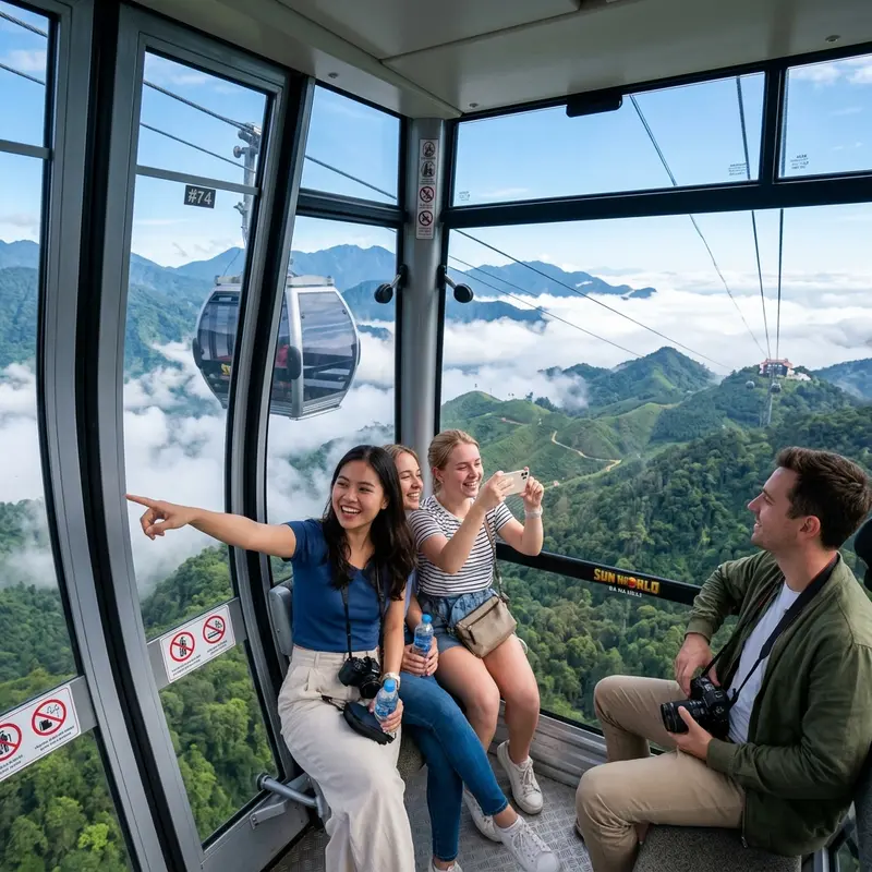 Cáp treo Bà Nà Hills vươn qua rừng nhiệt đới và biển mây trắng, cabin kính hiện đại phản chiếu ánh bình minh vàng rực