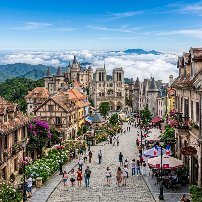Làng Pháp Bà Nà Hills với kiến trúc lâu đài châu Âu cổ điển, tháp chuông Gothic sừng sững và những con đường lát đá rải hoa tươi đầy màu sắc