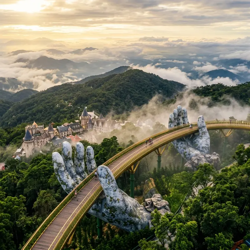 Toàn cảnh Bà Nà Hills từ trên cao với Làng Pháp châu Âu, vườn hoa rực rỡ và biển mây trắng bao phủ dưới thung lũng vào buổi sáng