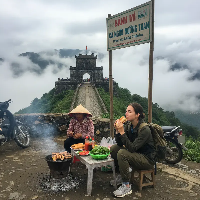 Du khách đang ăn bánh mì cá ngừ nướng than tại quán nhỏ trên đỉnh đèo Hải Vân, phía sau là cổng Hải Vân Quan và khung cảnh mây mù bao phủ núi rừng