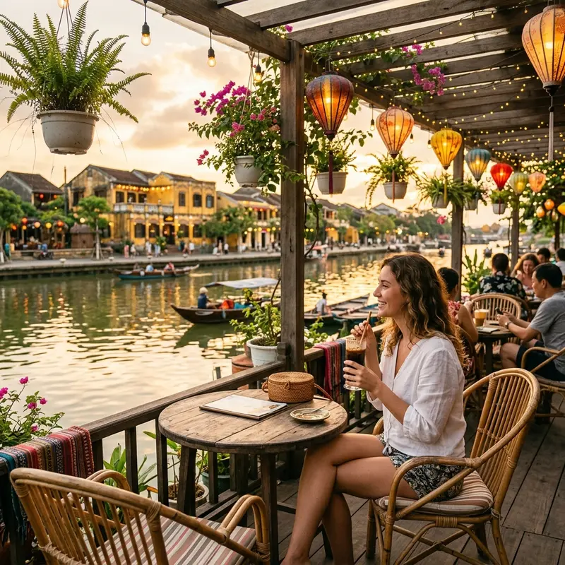 Quán cà phê Hội An ven sông Thu Bồn với view cầu An Hội và đèn lồng lung linh