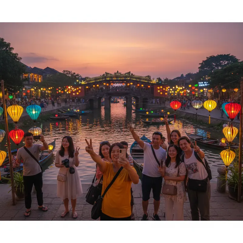 Hoàng hôn tại Chùa Cầu Hội An với ánh đèn lồng vừa thắp sáng, phản chiếu xuống mặt sông Hoài, du khách đang chụp ảnh check-in tại điểm tham quan nổi tiếng nhất của đêm Hội An