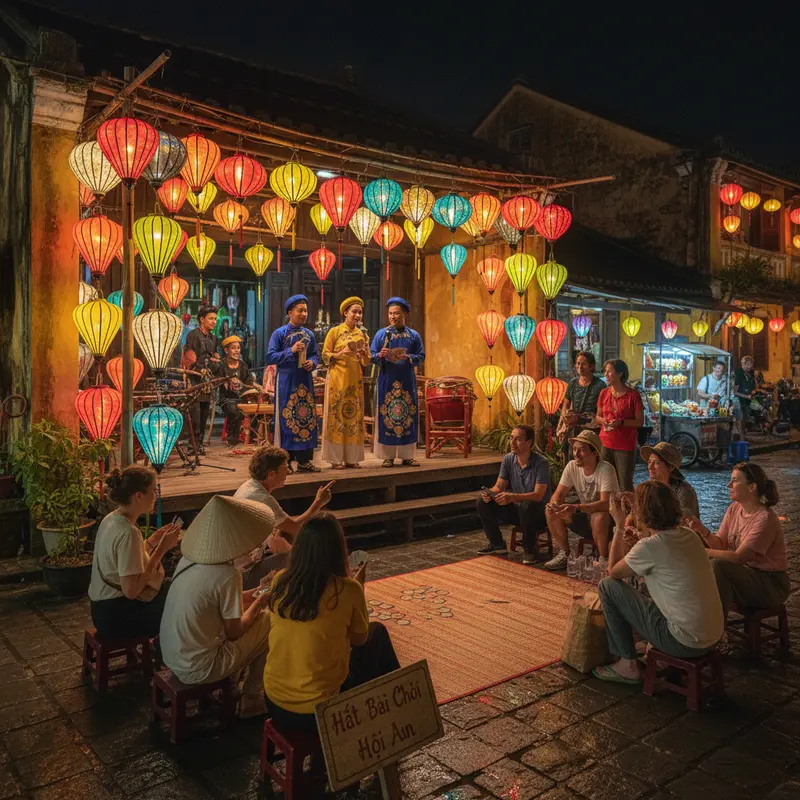 Buổi biểu diễn hát bài chòi truyền thống tại phố cổ Hội An về đêm, người biểu diễn mặc trang phục truyền thống dưới ánh đèn lồng, du khách ngồi xem và tham gia trò chơi dân gian