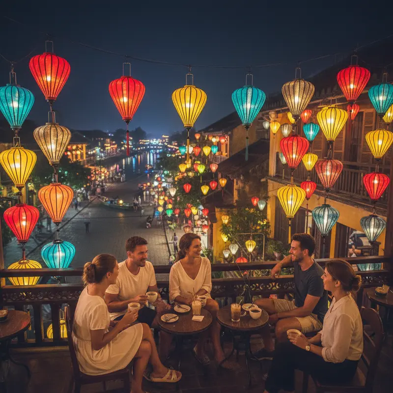 Quán cà phê view nhìn ra phố cổ Hội An về đêm, đèn lồng rực rỡ, khách ngồi uống cà phê và ngắm cảnh, không khí lãng mạn và thư giãn của đêm Hội An