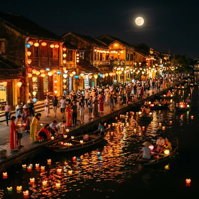 Hàng nghìn hoa đăng đêm rằm Hội An trôi lêng lê trên sông Hoài — trải nghiệm kết hợp xem show và thả đèn cuối ngày rằm