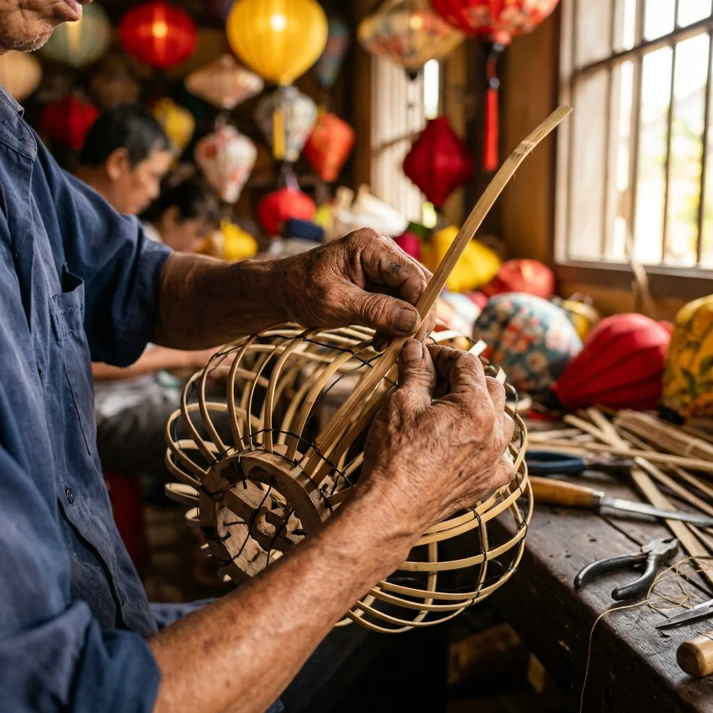 Nghệ nhân uốn 12 nan tre già ngâm muối định hình khung xương đèn lồng