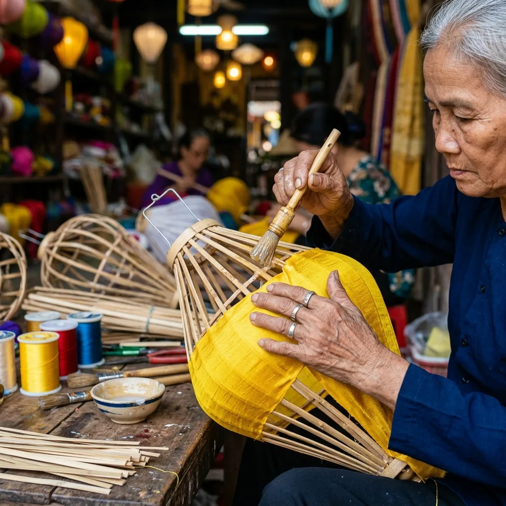 Thao tác bôi keo chuyên dụng và căng phẳng từng múi lụa tơ tằm lên thân nan tre
