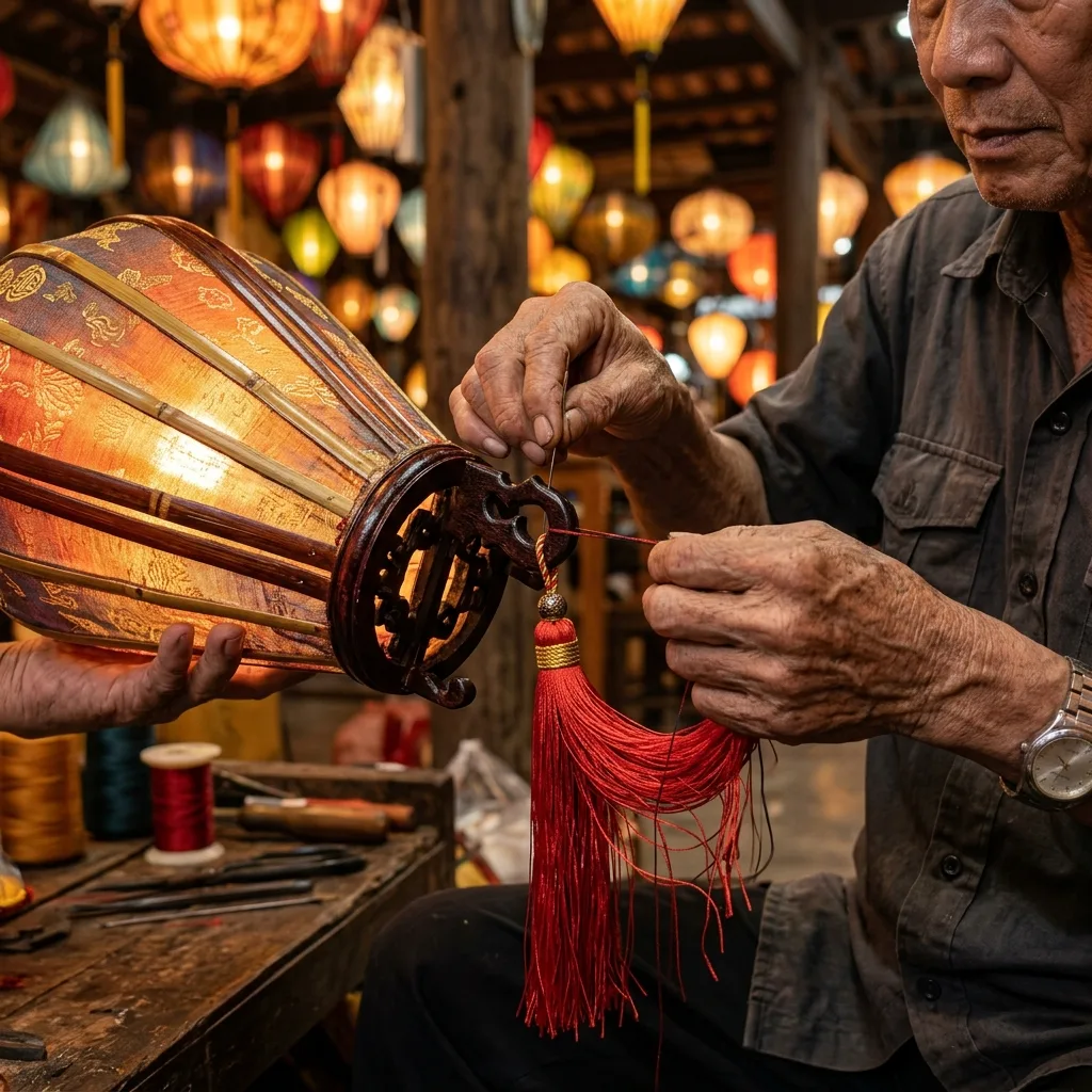 Gắn tua rua tơ óng ả và lắp chốt gập phẳng đèn lồng tiện lợi xếp vào vali