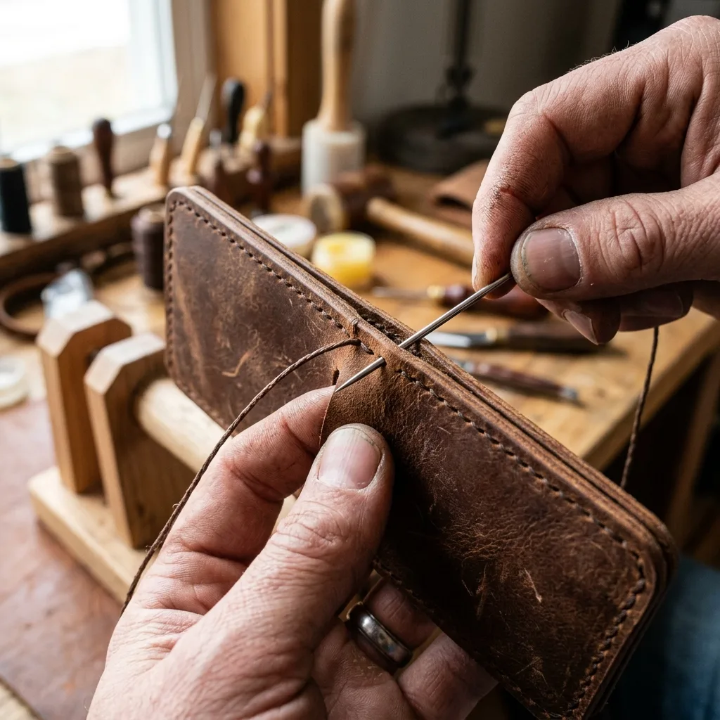 Nghệ nhân dùng kỹ thuật khâu tay Saddle Stitch liên kết các mảnh da ví cầm tay