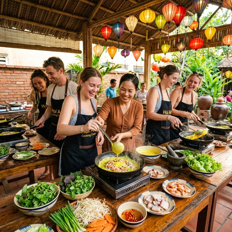 Hội An 요리 수업에서 관광객들이 지역 요리사와 함께 전통 베트남 음식을 준비하고 있습니다