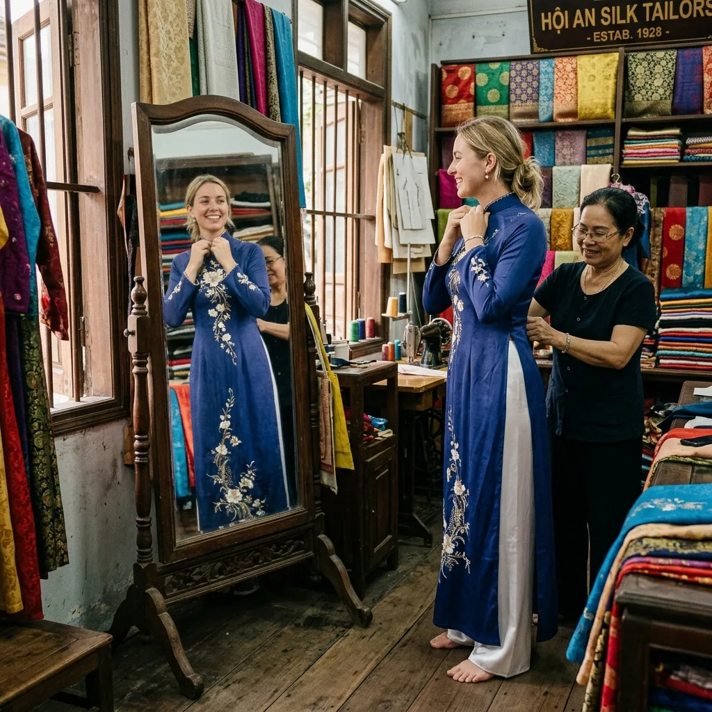 Khách hàng mặc thử trang phục mẫu và được thợ may chỉnh sửa độ ôm trong buổi fitting