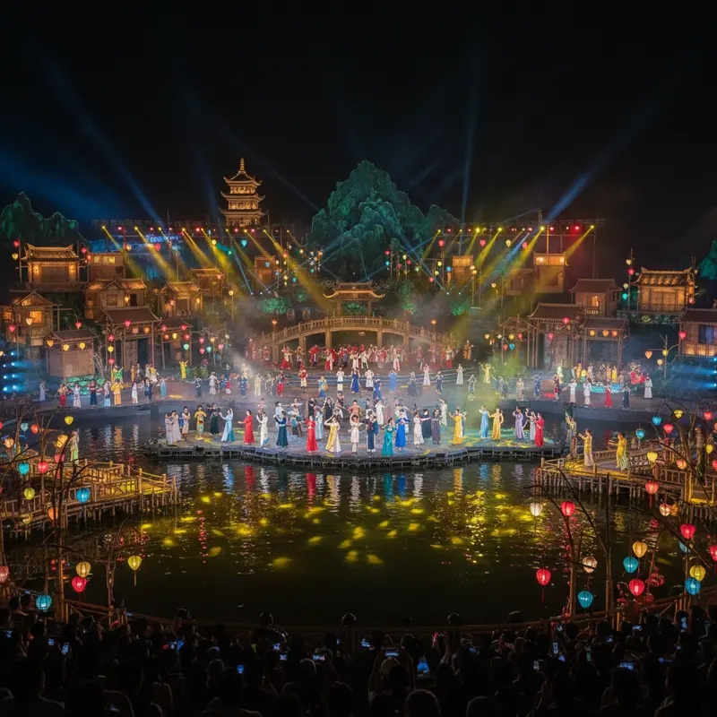 《会安记忆》夜间实景演艺秀,户外宽敞舞台,500名演员表演,灯光璀璨倒映在淘班河河面