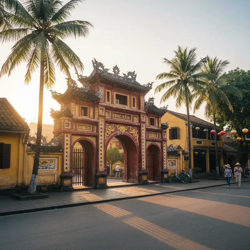 Toàn cảnh cổng tam quan Hội quán Phúc Kiến Hội An với kiến trúc Hoa Nam rực rỡ màu đỏ và vàng, cổng được trang trí rồng phượng tinh xảo dưới ánh nắng buổi sáng