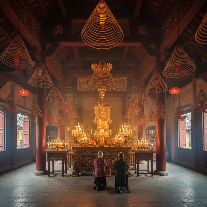 Nội thất chính điện Hội quán Phúc Kiến với hàng chục vòng hương khổng lồ treo trên trần, khói hương mờ ảo bao phủ tượng Thiên Hậu Thánh Mẫu, ánh nến vàng lung linh