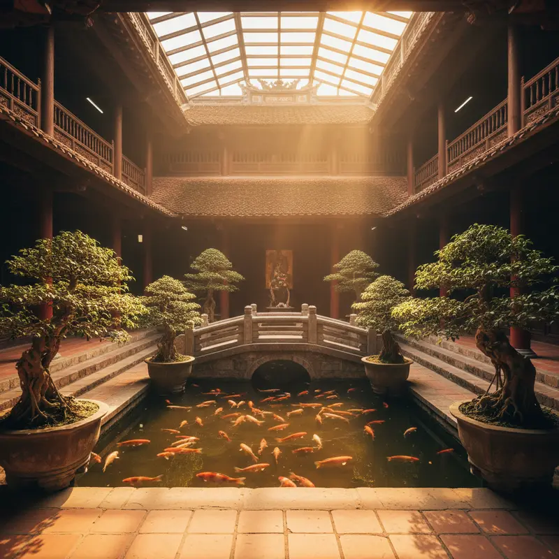 Sân giữa Hội quán Phúc Kiến với bể cá chép, cầu đá nhỏ và chậu bonsai cổ thụ, ánh sáng buổi sáng chiếu qua giếng trời tạo hiệu ứng vàng ấm, không khí tĩnh lặng thanh tịnh