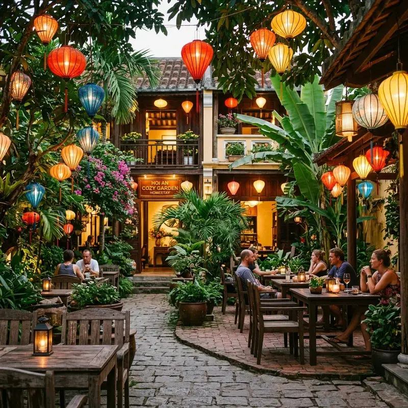 Không gian xanh mát, yên bình ngập tràn cây cối tại sân vườn một homestay cao cấp gần phố cổ Hội An