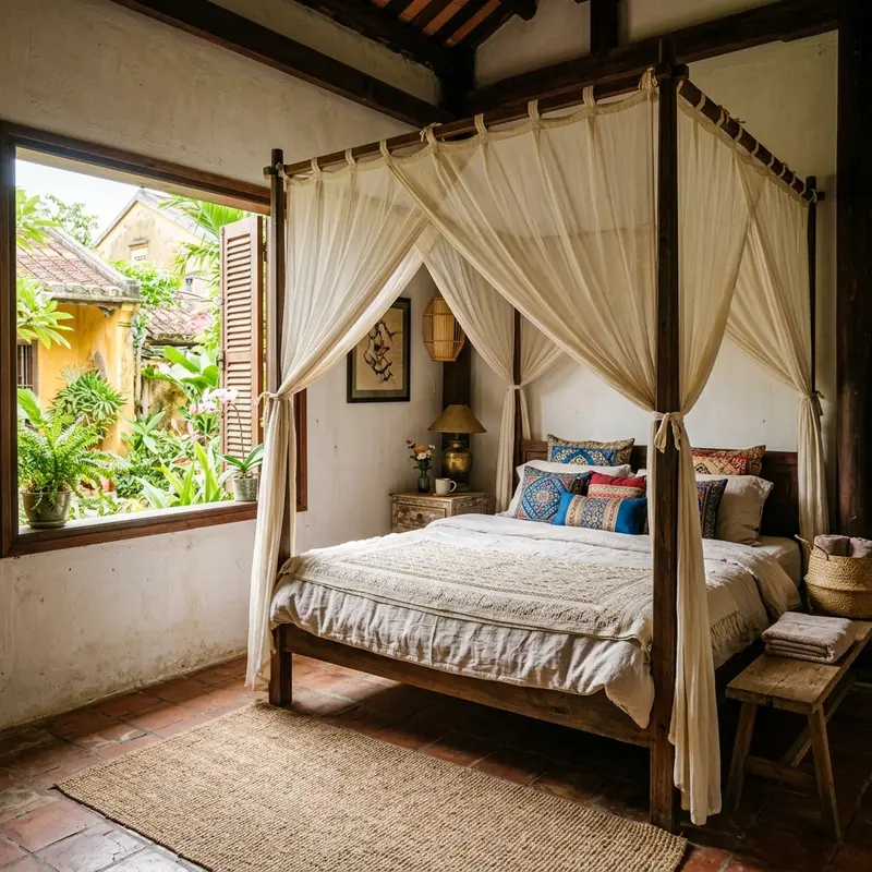 Căn phòng ngủ được trang trí ấm cúng, tinh tế mang đậm phong cách kiến trúc Đông Dương tại homestay Hội An