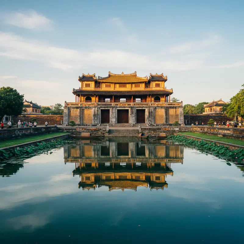 Cổng Ngọ Môn Đại Nội Huế nhìn từ phía trước với hào nước xanh biếc phản chiếu mái ngói hoàng lưu ly vàng rực trong ánh nắng buổi sáng – địa điểm du lịch Huế mang đậm nét cố đô