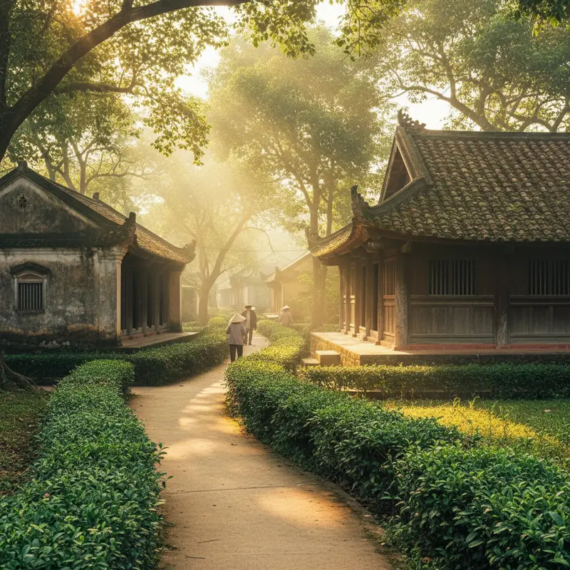 Con đường làng cổ Phước Tích Huế với hàng chè tàu xanh mướt hai bên, những ngôi nhà rường cổ mái ngói rêu phong và ánh nắng ban mai lọc qua tán cây – khám phá làng cổ đặc sắc gần Huế