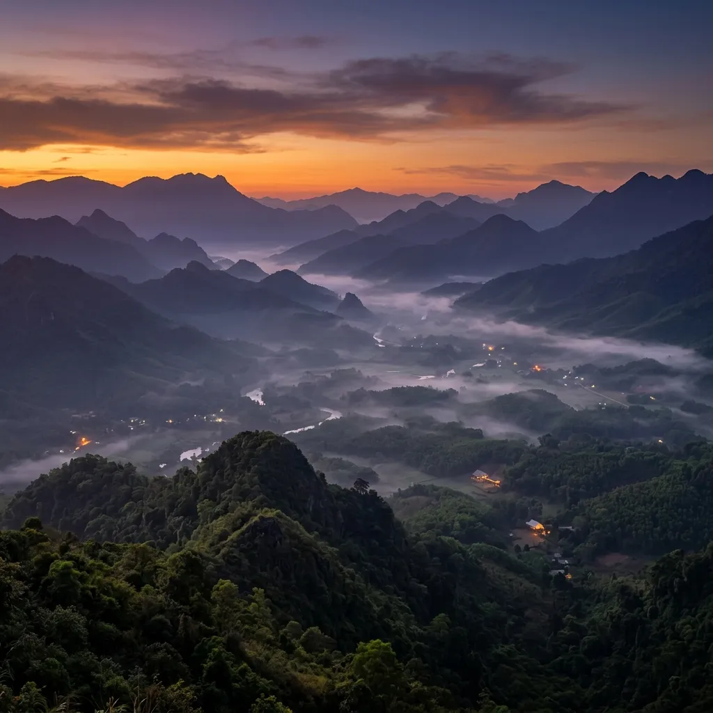 Thung lũng sương mù giăng bảng lảng lúc hoàng hôn vùng cao nguyên Măng Đen