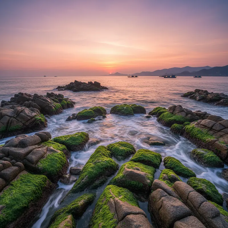 Toàn cảnh rạn đá Nam Ô Đà Nẵng với những tảng đá granit phủ rêu xanh mướt dưới ánh bình minh, sóng biển vỗ vào ghềnh đá tạo bọt trắng xóa, bầu trời ửng hồng phản chiếu xuống mặt nước
