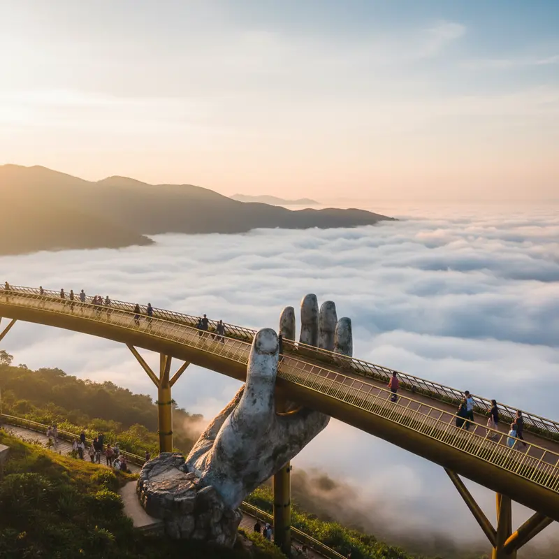 Cầu Vàng Bà Nà Hills lúc sáng sớm với ít du khách, mây trắng bao phủ phía dưới, ánh nắng vàng chiếu nhẹ lên hai bàn tay khổng lồ