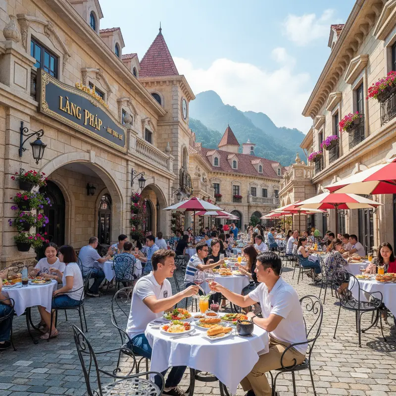Khu ẩm thực Làng Pháp tại Bà Nà Hills với kiến trúc châu Âu cổ điển, du khách đang thưởng thức bữa trưa ngoài trời
