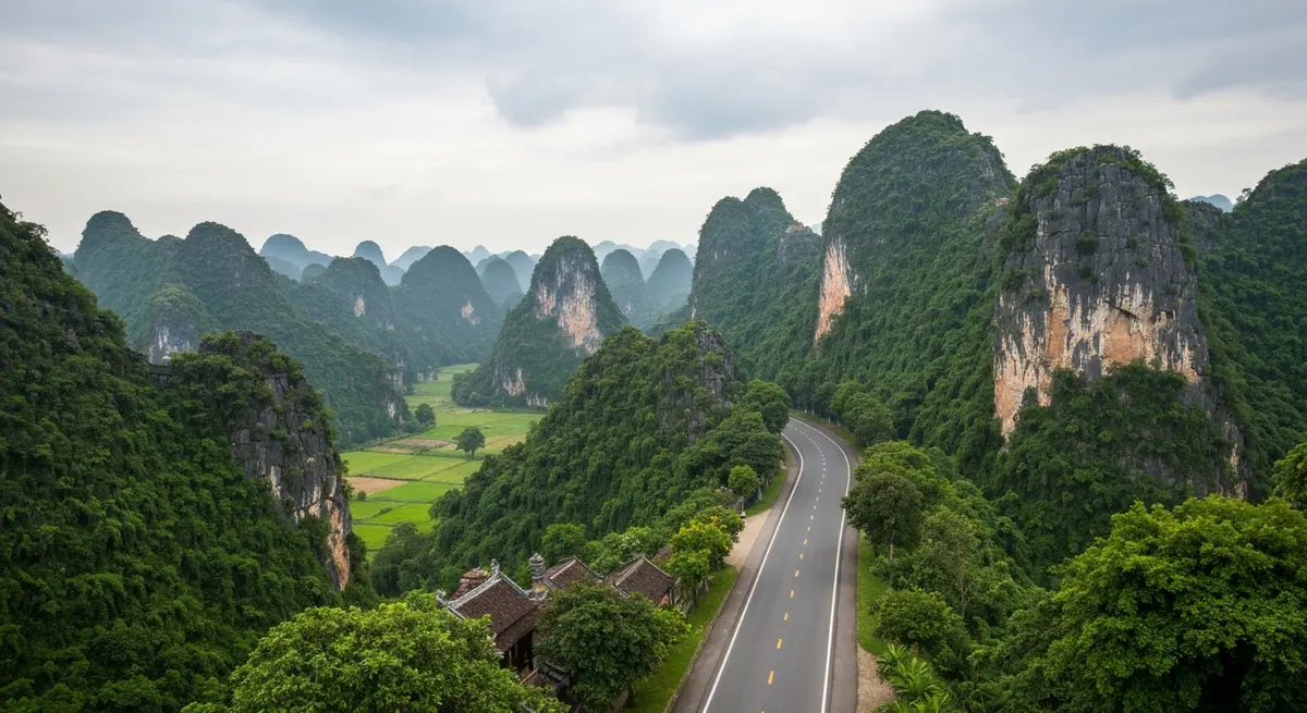 Toàn cảnh vịnh Lăng Cô Huế nhìn từ đỉnh đèo Hải Vân, bãi biển cát trắng dài uốn lượn, nước biển xanh ngọc bích, núi Bạch Mã phủ mây phía xa, ánh nắng buổi sáng sớm chiếu xuống mặt vịnh