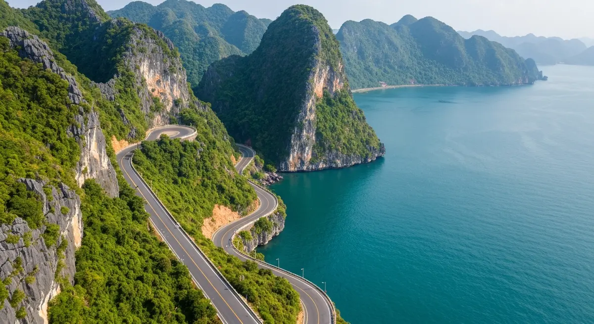 Cung đường đèo Hải Vân nhìn từ trên cao, con đường uốn lượn bên vách núi, phía dưới là vịnh Lăng Cô xanh biếc, xe ô tô đang di chuyển trên đèo, bầu trời trong xanh có mây trắng