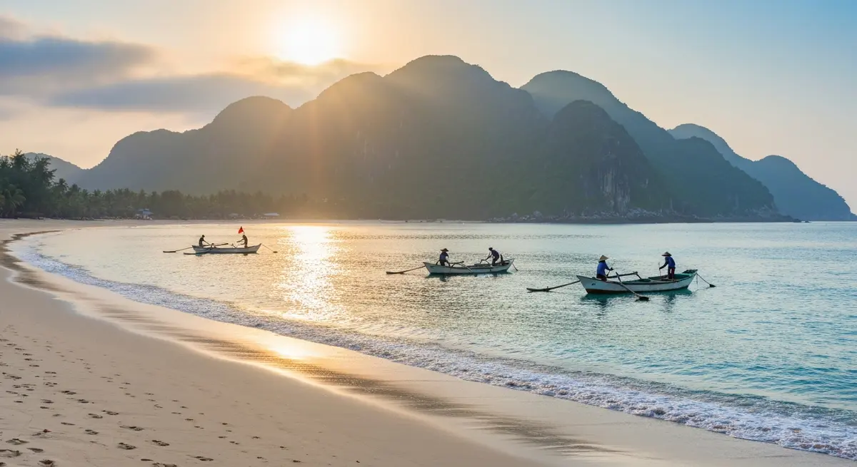 Bãi biển Lăng Cô buổi sáng sớm, ánh bình minh trải dài trên mặt cát trắng, nước biển trong xanh, vài ngư dân đang kéo lưới, núi Bạch Mã phủ sương phía xa