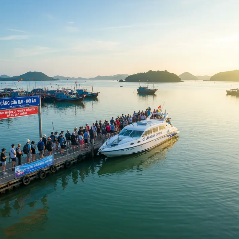 Cảng Cửa Đại Hội An buổi sáng sớm, tàu cao tốc đang chuẩn bị xuất phát ra Cù Lao Chàm, du khách xếp hàng lên tàu – kinh nghiệm di chuyển từ Hội An ra Cù Lao Chàm