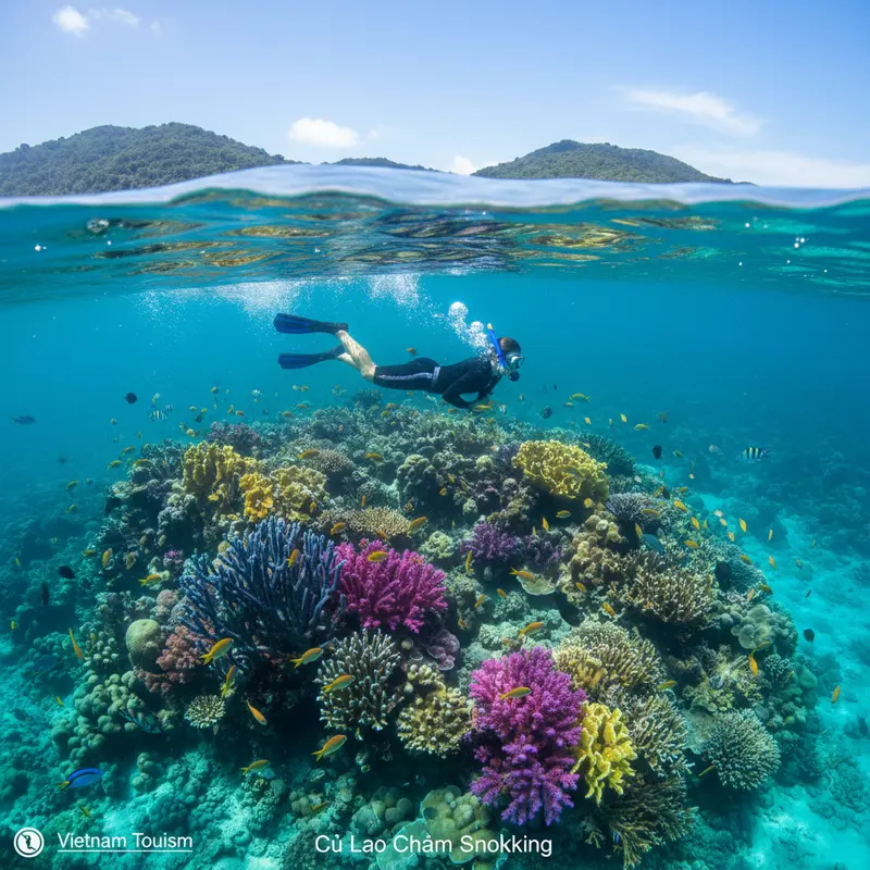 Thợ lặn đang snorkeling ngắm san hô đầy màu sắc và cá nhiệt đới ở vùng biển Cù Lao Chàm, nước trong xanh ngọc – lặn ngắm san hô Cù Lao Chàm