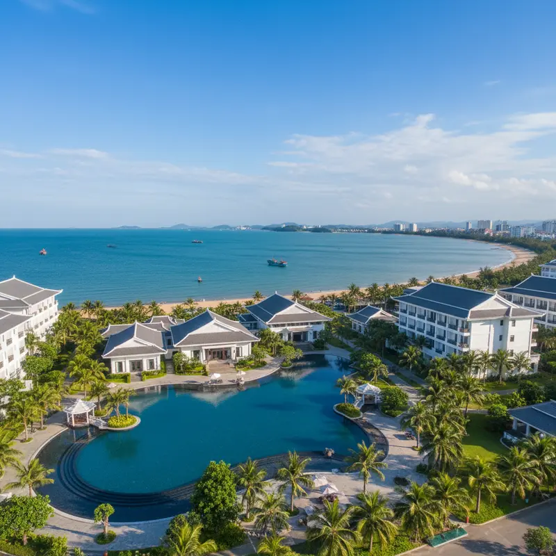 Toàn cảnh khu resort Da Nang Mikazuki Japanese Resorts & Spa nhìn từ trên cao, với hồ bơi ngoài trời kiểu Nhật, các tòa nhà màu trắng tinh tế và biển Đà Nẵng xanh biếc phía sau