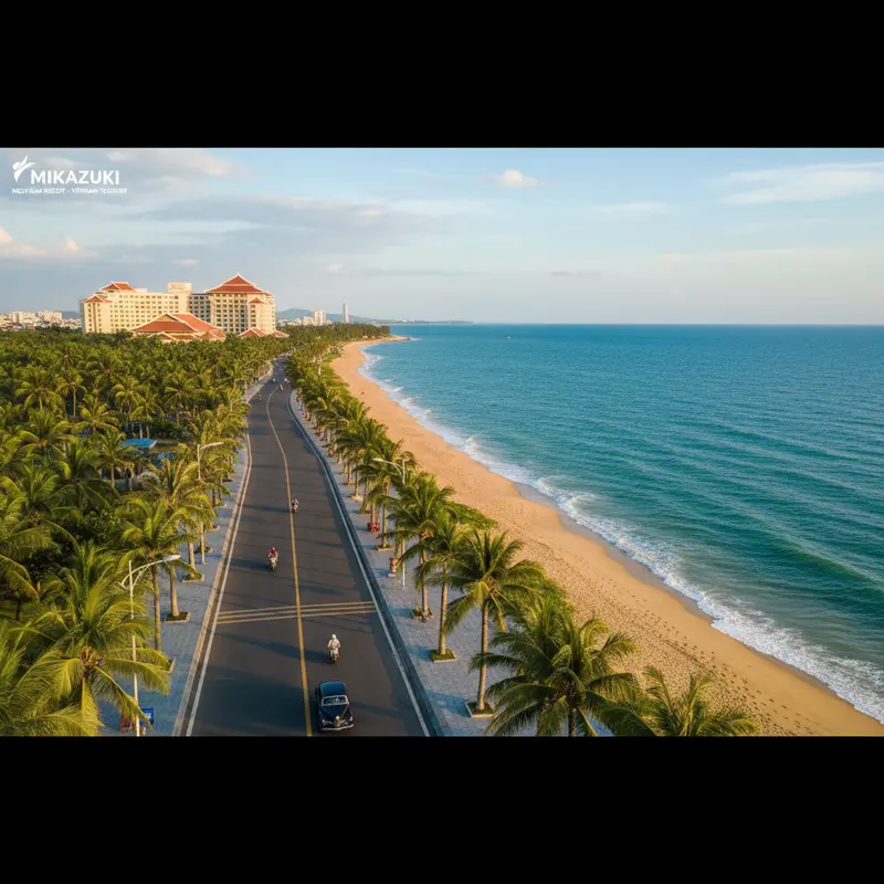Cung đường ven biển Nguyễn Tất Thành đẹp như tranh vẽ dẫn đến Mikazuki Resort, với hàng dừa xanh mát hai bên và biển xanh bên phải