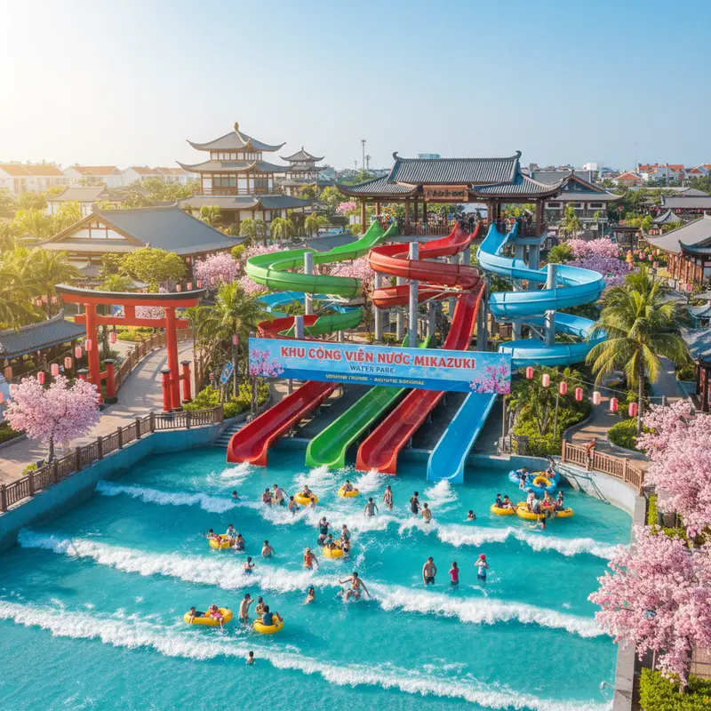 Khu công viên nước Mikazuki Water Park với các máng trượt đầy màu sắc, hồ sóng nhân tạo đông vui và không gian được trang trí phong cách Nhật Bản