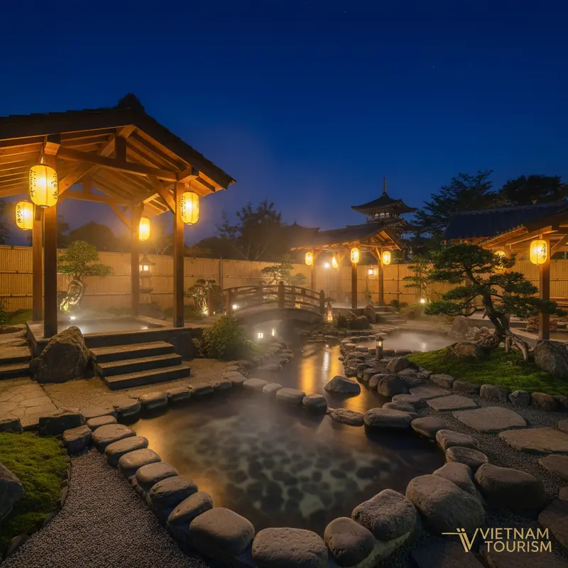 Khu onsen ngoài trời tại Mikazuki về đêm với ánh đèn vàng ấm áp, hơi nước bốc lên và không gian yên tĩnh mang phong cách ryokan Nhật Bản