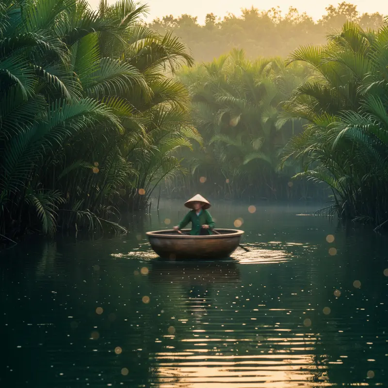 Chiếc thuyền thúng truyền thống đang quay tròn trên mặt nước giữa rừng dừa nước xanh mướt, người chèo thuyền mặc áo bà ba và nón lá, ánh nắng sáng sớm chiếu qua tán lá tạo hiệu ứng bokeh đẹp mắt